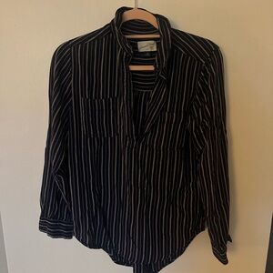 Navy and White Striped Button-Up Shirt